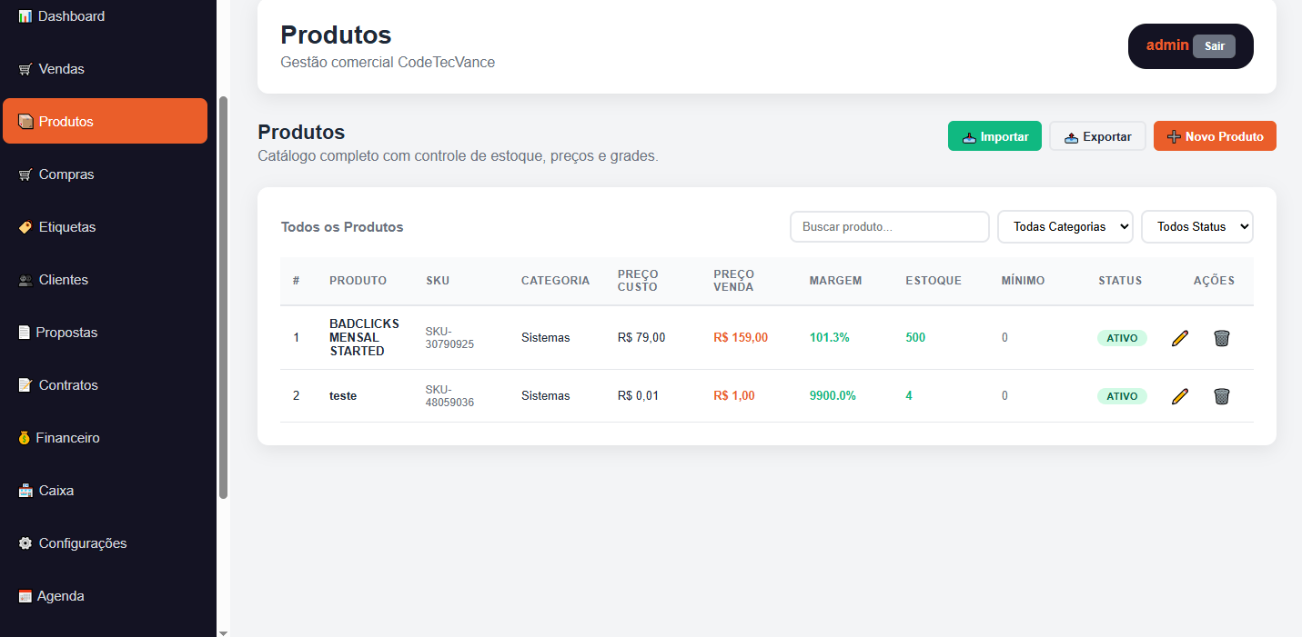 Gestão de produtos do CodetecVance CRM